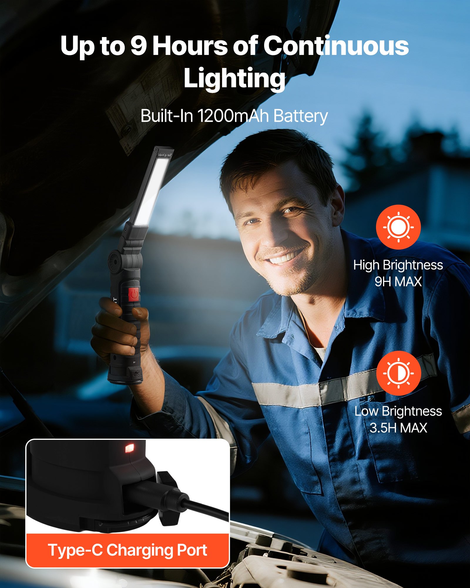 VEVOR Rechargeable LED Work Light, 1200 mAh, Magnetic Mechanic Flashlight with Magnetic Base, 360° Rotation, 5 Lighting Modes, Foldable Grill Lamp for Mechanics, Car Repairs, Home, Emergency (2 Pack)