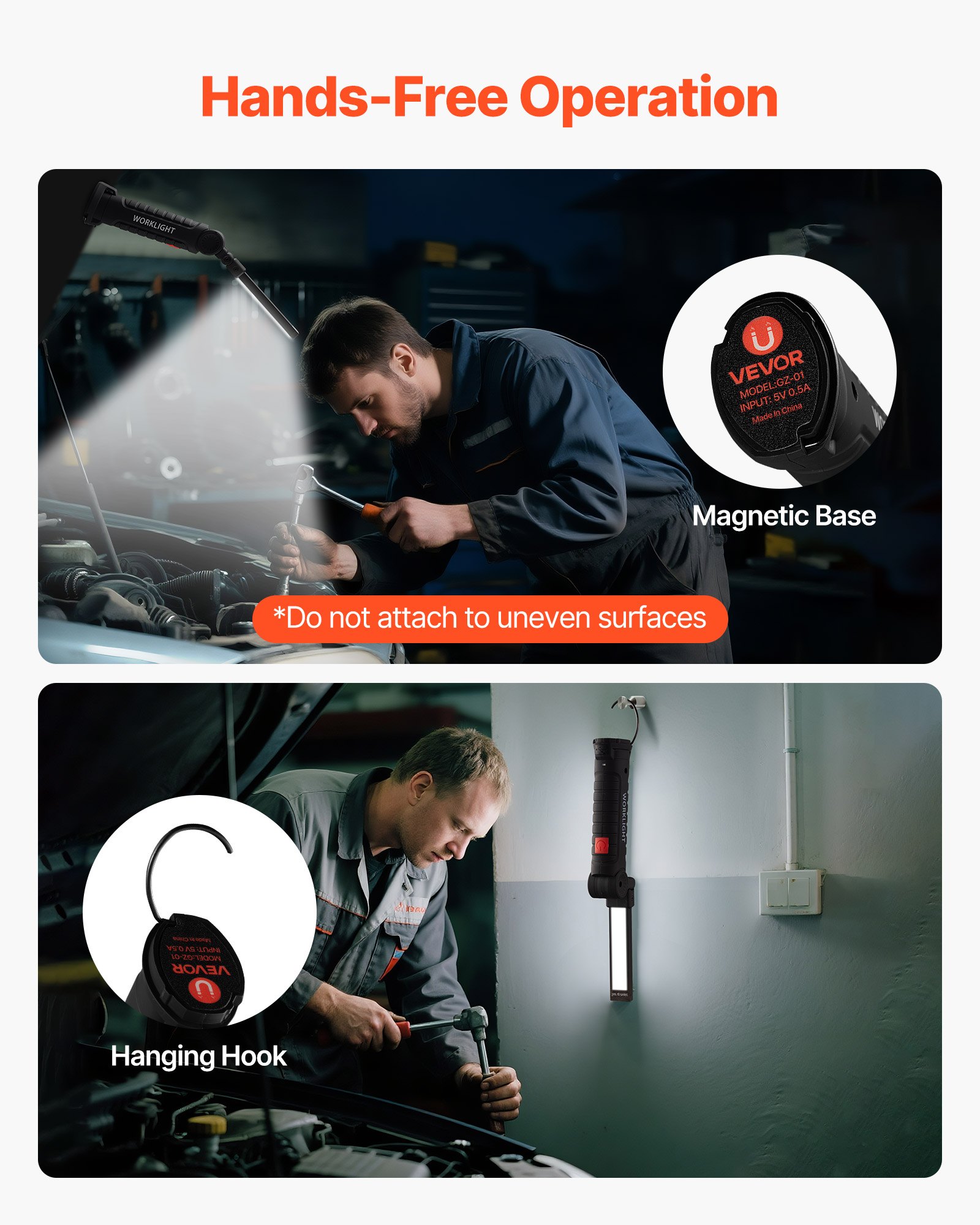 VEVOR Rechargeable LED Work Light, 1200 mAh, Magnetic Mechanic Flashlight with Magnetic Base, 360° Rotation, 5 Lighting Modes, Foldable Grill Lamp for Mechanics, Car Repairs, Home, Emergency (2 Pack)