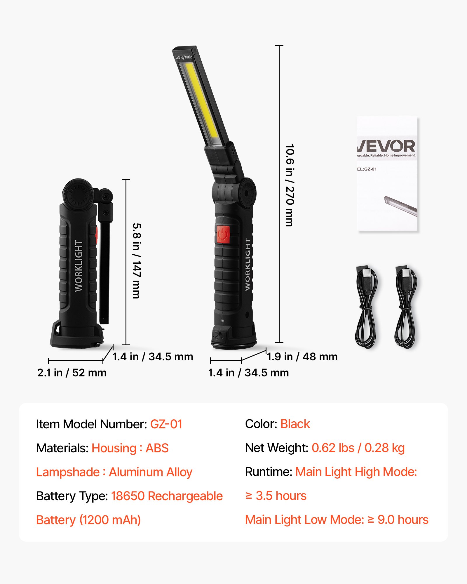 VEVOR Rechargeable LED Work Light, 1200 mAh, Magnetic Mechanic Flashlight with Magnetic Base, 360° Rotation, 5 Lighting Modes, Foldable Grill Lamp for Mechanics, Car Repairs, Home, Emergency (2 Pack)