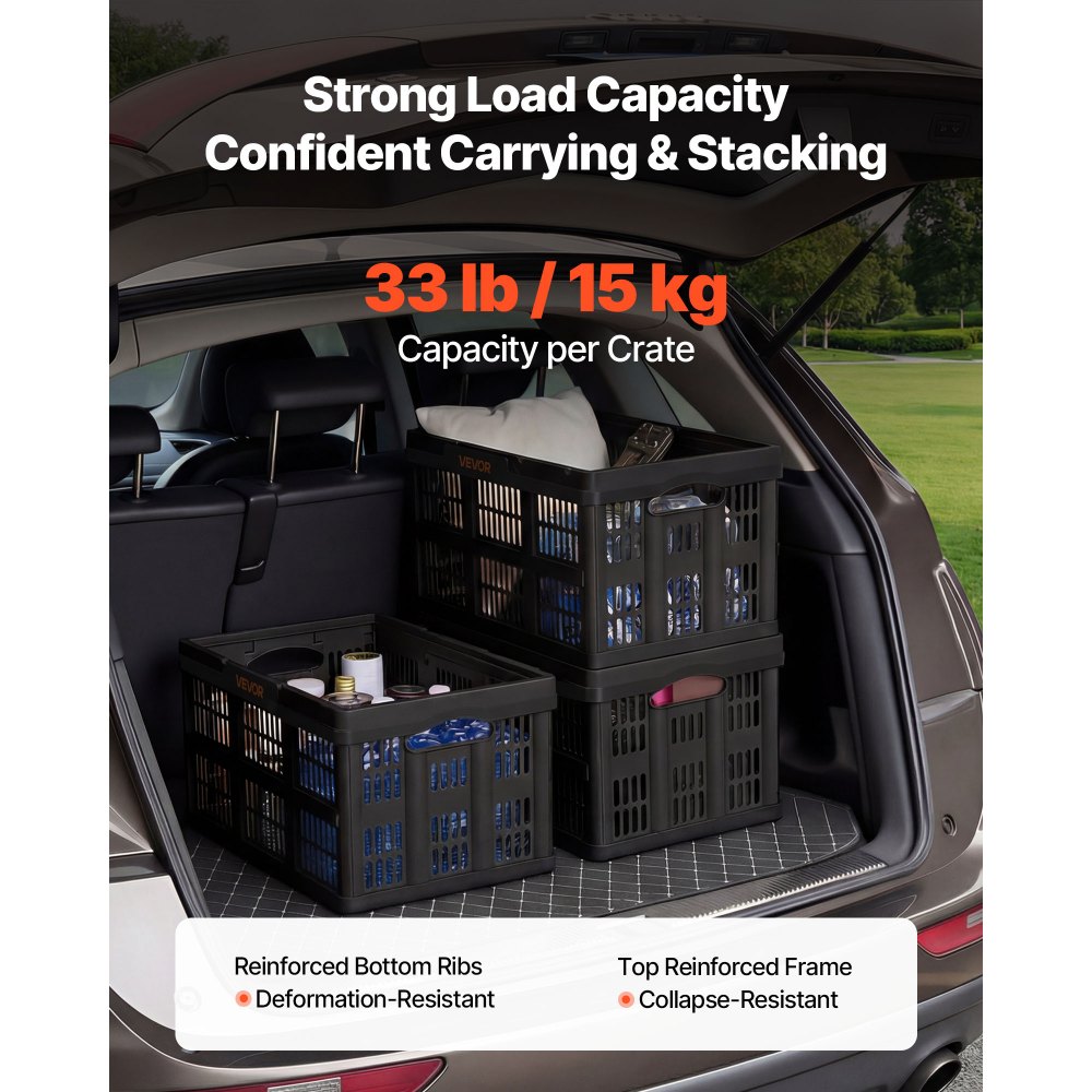 VEVOR Plastic Collapsible Storage Bins, 45L 3 Packs, Stackable Folding Storage Crates with Handles, Holds 15 kg Per Bin, Foldable Heavy Duty Containers, Space-Saving Baskets, for Home Organizing