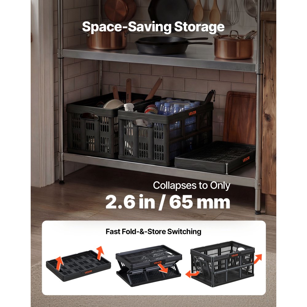 VEVOR Plastic Collapsible Storage Bins, 45L 3 Packs, Stackable Folding Storage Crates with Handles, Holds 15 kg Per Bin, Foldable Heavy Duty Containers, Space-Saving Baskets, for Home Organizing