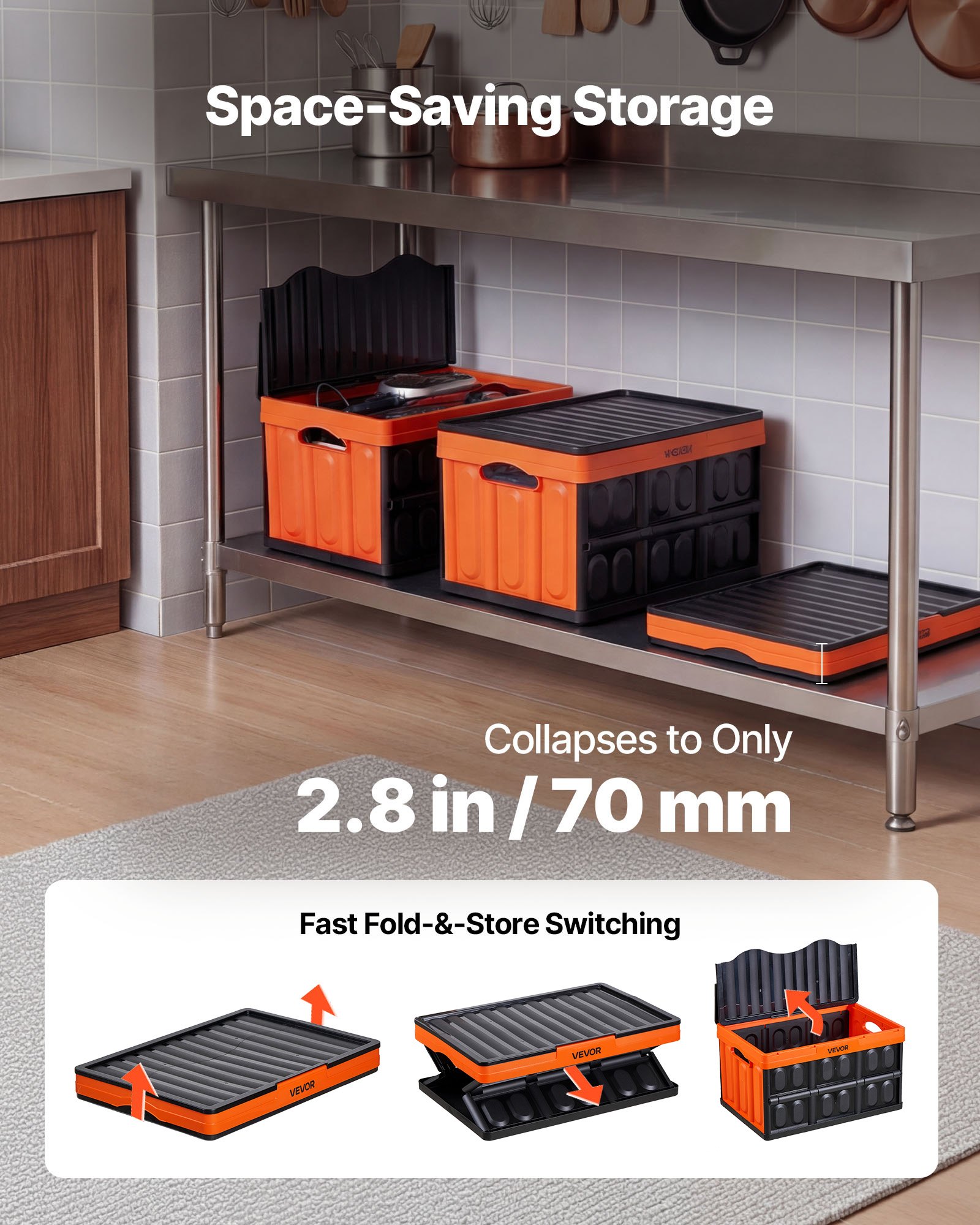 VEVOR Plastic Collapsible Storage Bins with Lids, 45L 3Packs, Stackable Folding Storage Crates with Handles, Holds 20 kg Per Bin, Heavy Duty Containers, Space-Saving Baskets, for Home Organizing