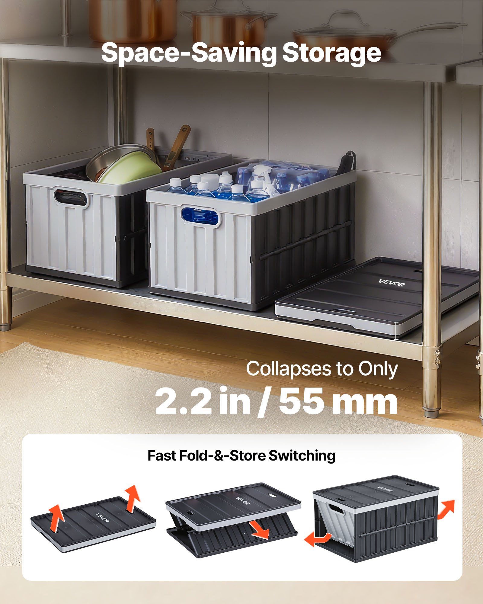 VEVOR Plastic Collapsible Storage Bins with Lids, 65L 2 Packs, Stackable Folding Storage Crates with Handles, Holds 38 kg Per Bin, Heavy Duty Containers, Space-Saving Baskets, for Home Organizing