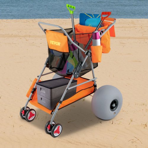 VEVOR Beach Wonder Wheeler, 12" All-Terrain Balloon Wheels, 350 lbs Beach Cart for Sand, Beach Buggy w/ Flip Flop Holder, Storage Bag, 2 Beach Chair Holders, Orange