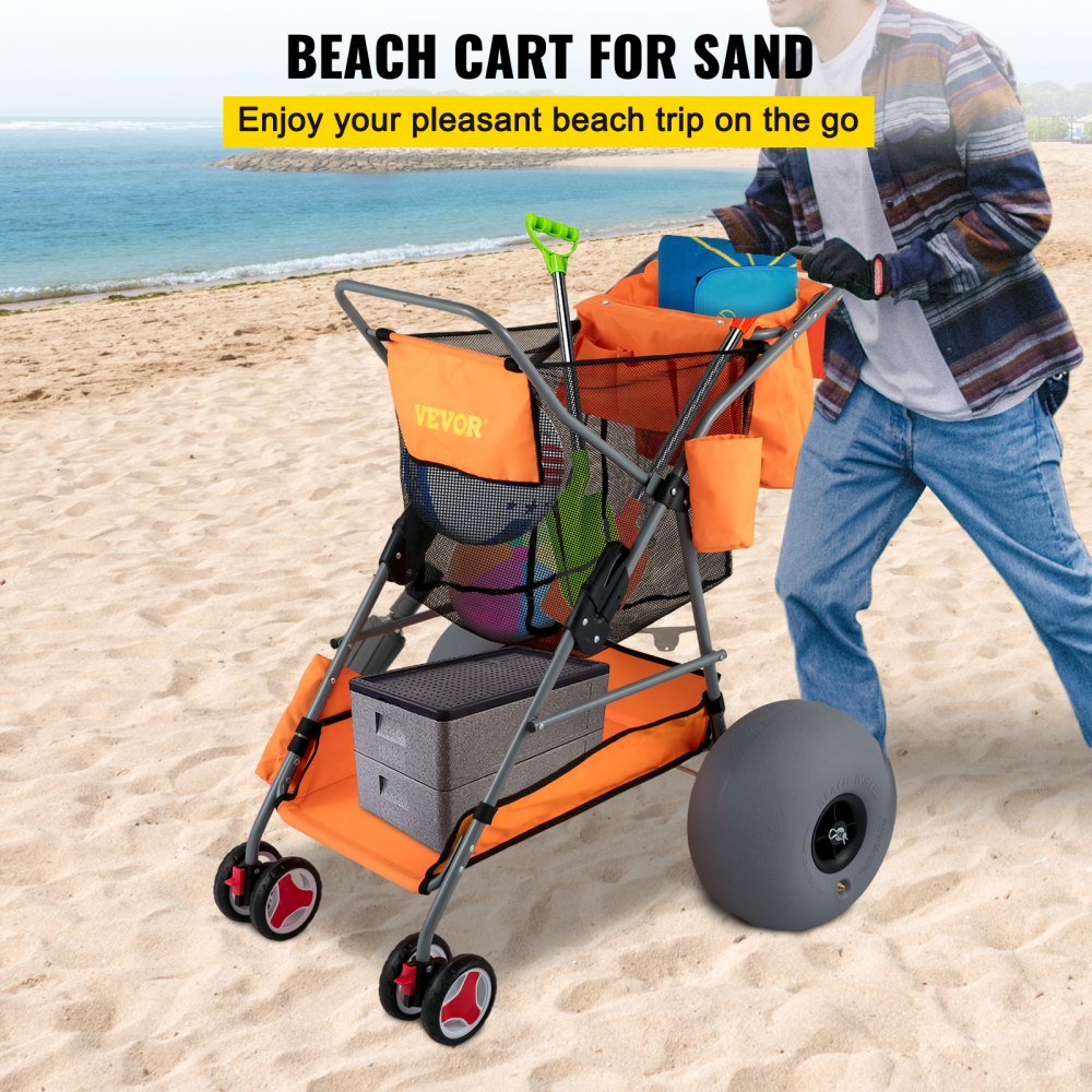 VEVOR Beach Wonder Wheeler, 12 All-Terrain Balloon Wheels, 350 lbs Beach  Cart for Sand, Beach Buggy w/ Flip Flop Holder, Storage Bag, 2 Beach Chair