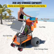 VEVOR Beach Wonder Wheeler, 12" terénní balonová kola, 350 lb plážový vozík na písek, plážová bugina s držákem na žabky, úložná taška, 2 držáky plážových křesel, oranžová