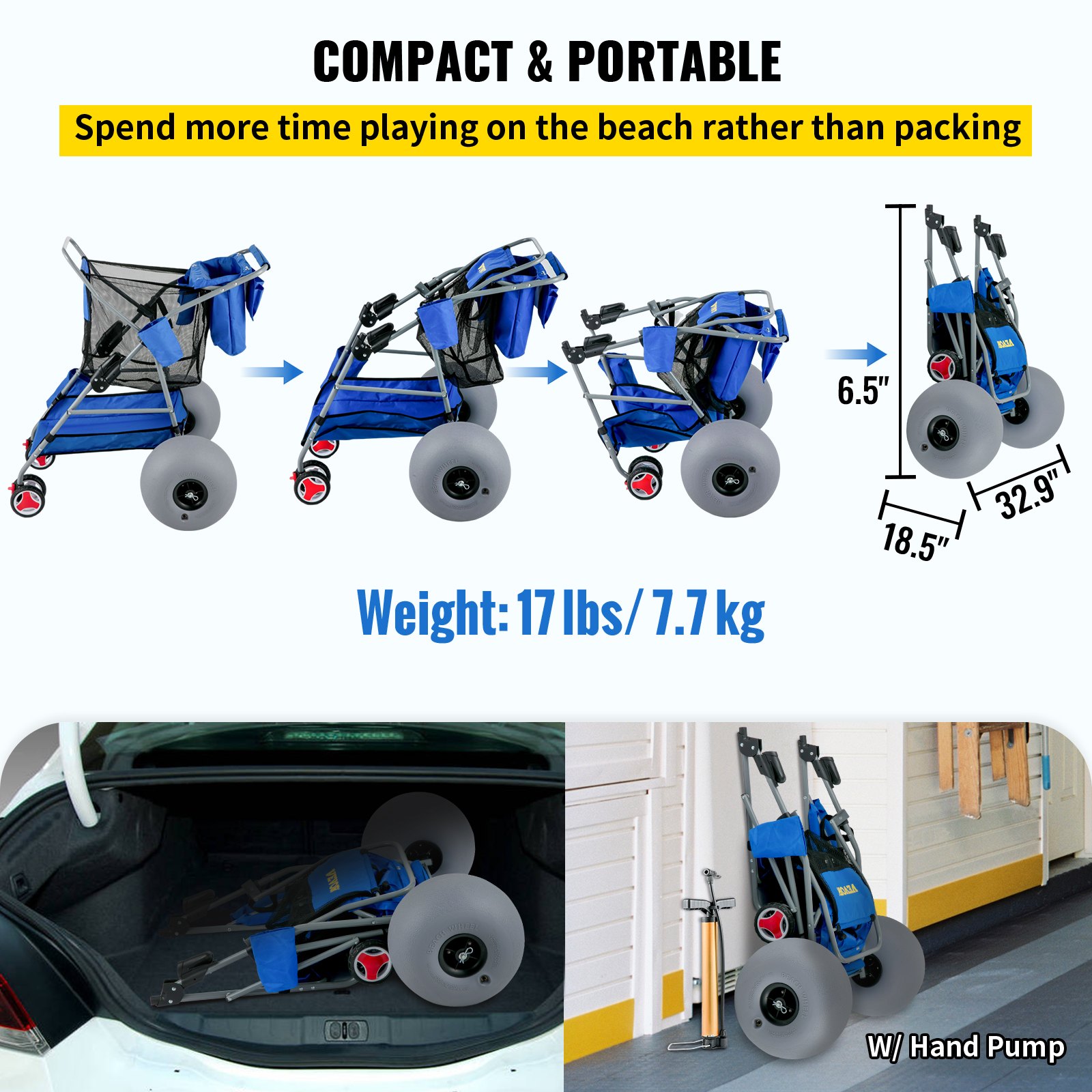 compact and portable VEVOR beach cart weighing 17 lbs, easy to fold, and fits in car trunk.