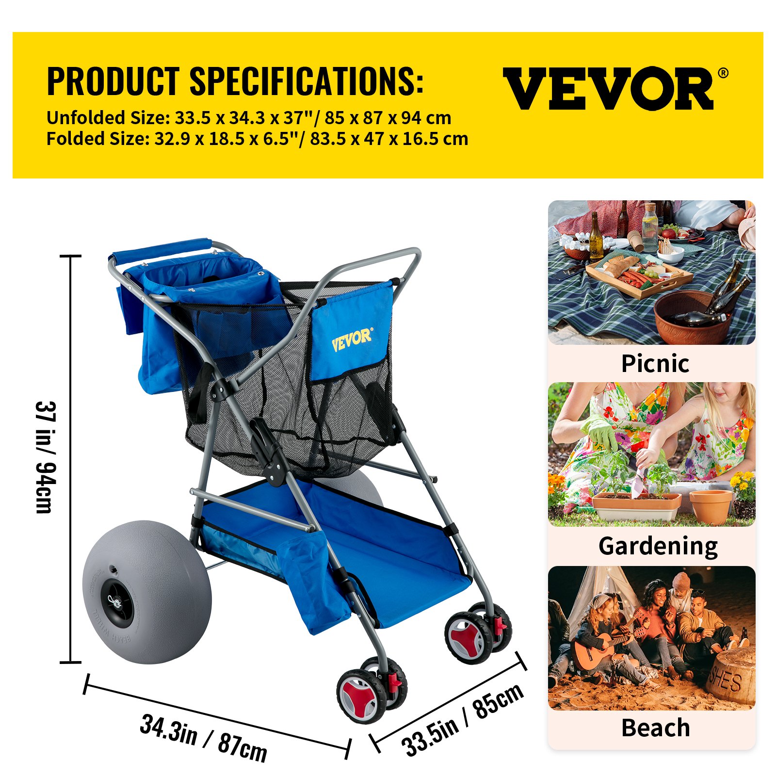 VEVOR beach cart with large wheels ideal for picnics, gardening, and beach use. dimensions included.
