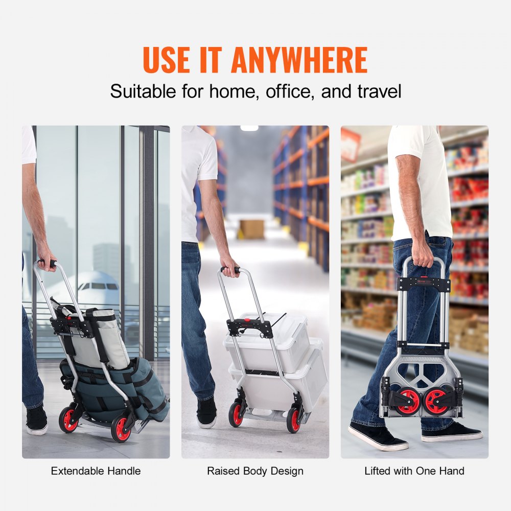 VEVOR folding hand truck with extendable handle, raised body design, and one-hand lifting in various settings.
