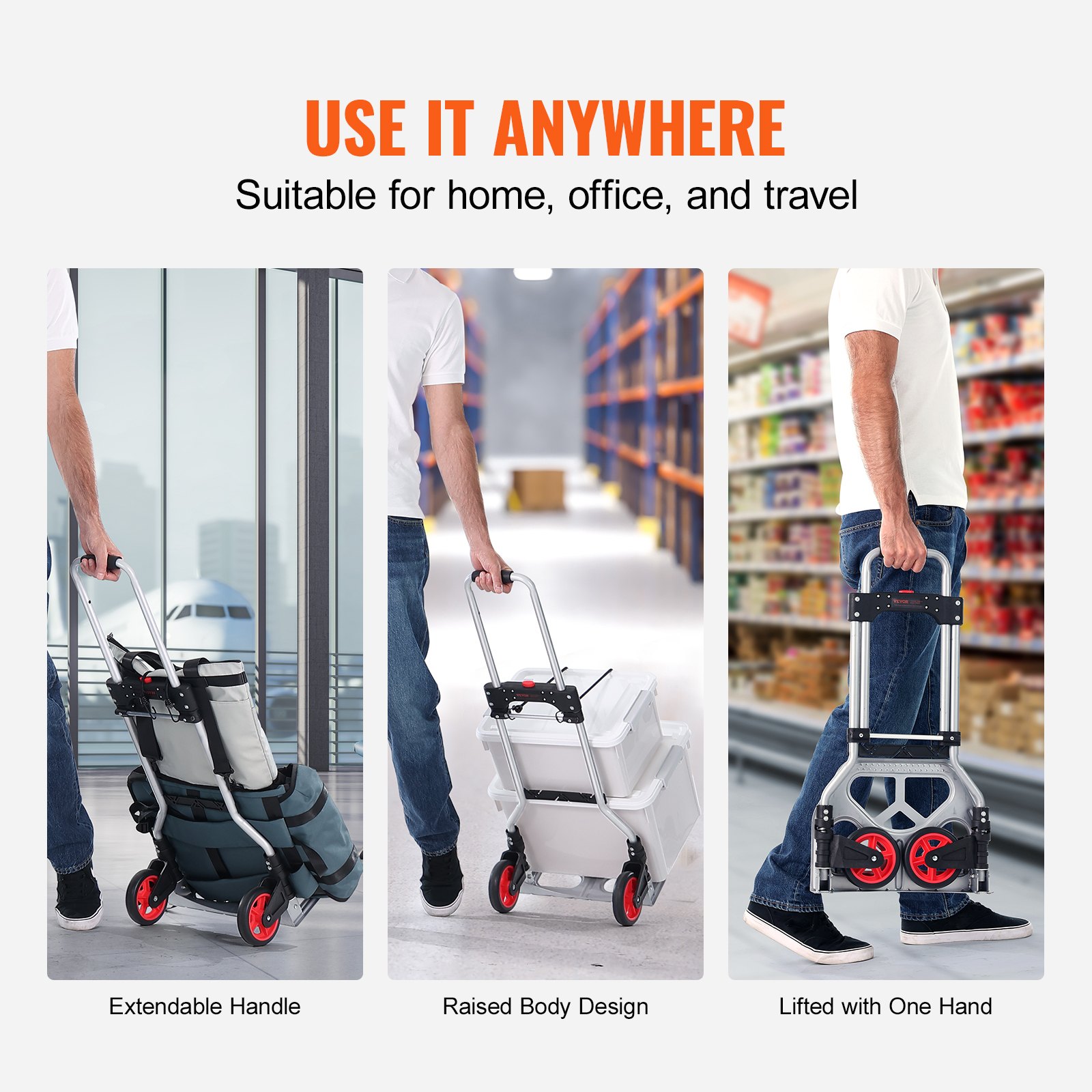 VEVOR folding hand truck with extendable handle, raised body design, and one-hand lifting in various settings.