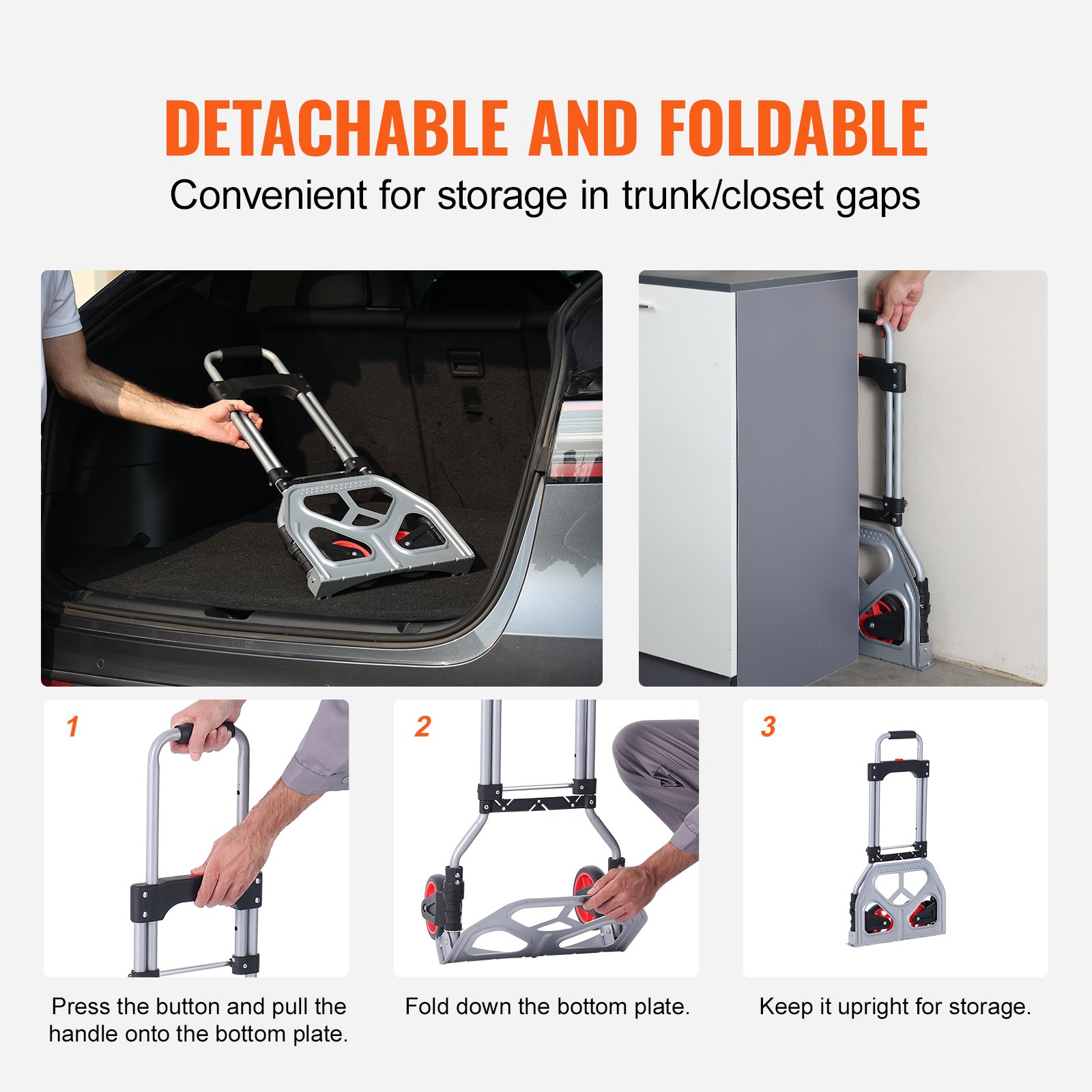 VEVOR folding hand truck showcasing foldable design, easy storage in car trunk and closet gap.