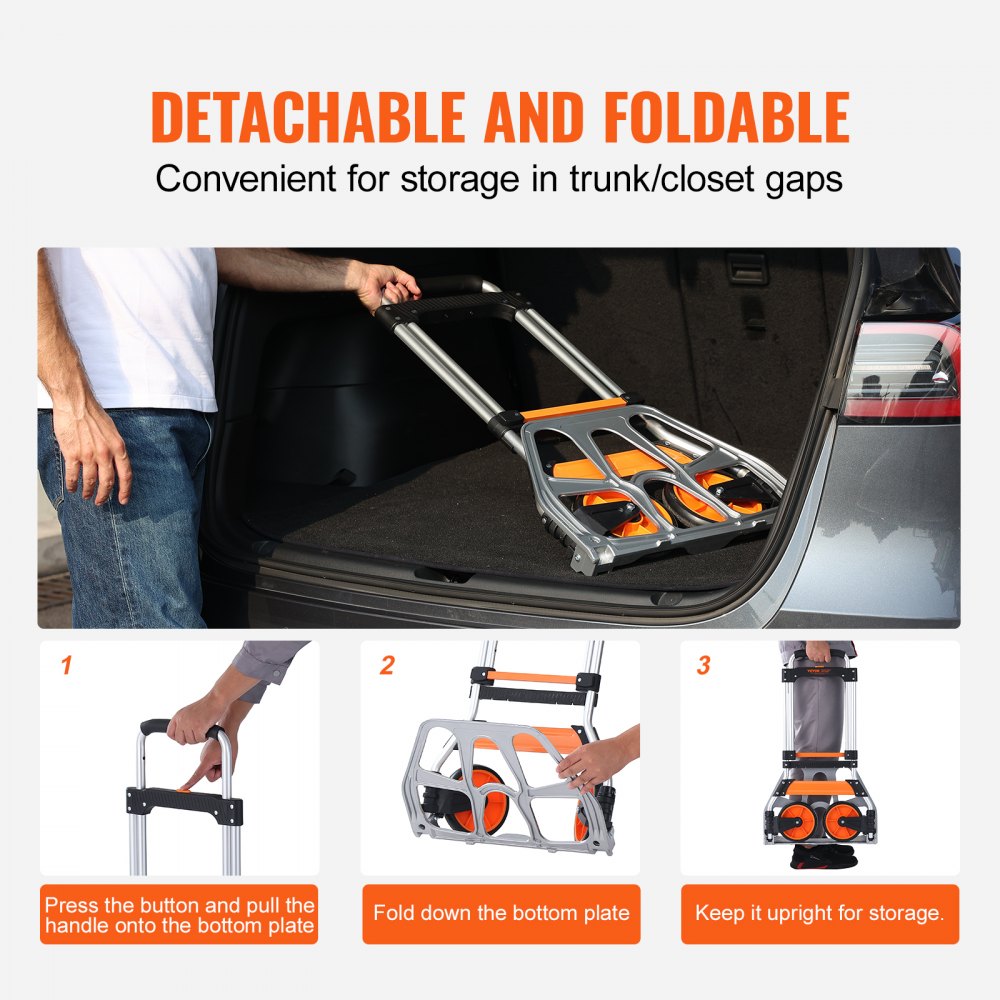 VEVOR Folding Hand Truck, 125 kg Load Capacity, Aluminum Portable Cart, Convertible Hand Truck and Dolly with Telescoping Handle and PP+TPR Wheels, Ultra Lightweight Super Strong for Moving Warehouse