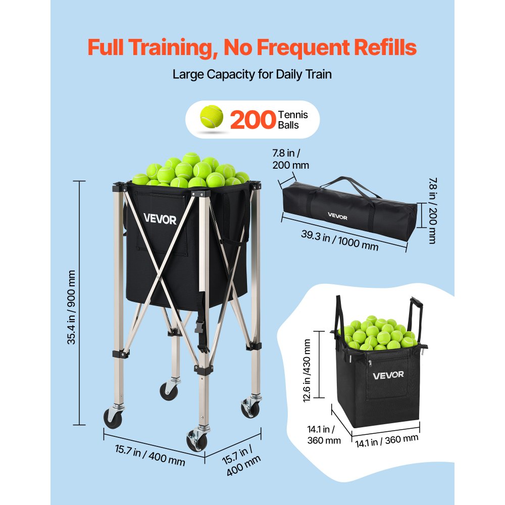 VEVOR Tennis Ball Hopper, Holds 200 Tennis Balls, Foldable Pickleball Basket Cart with Wheels for Easy Pick Up, Stainless Steel Portable Pickleball Cart Caddy with Storage Bag, for Training Teaching