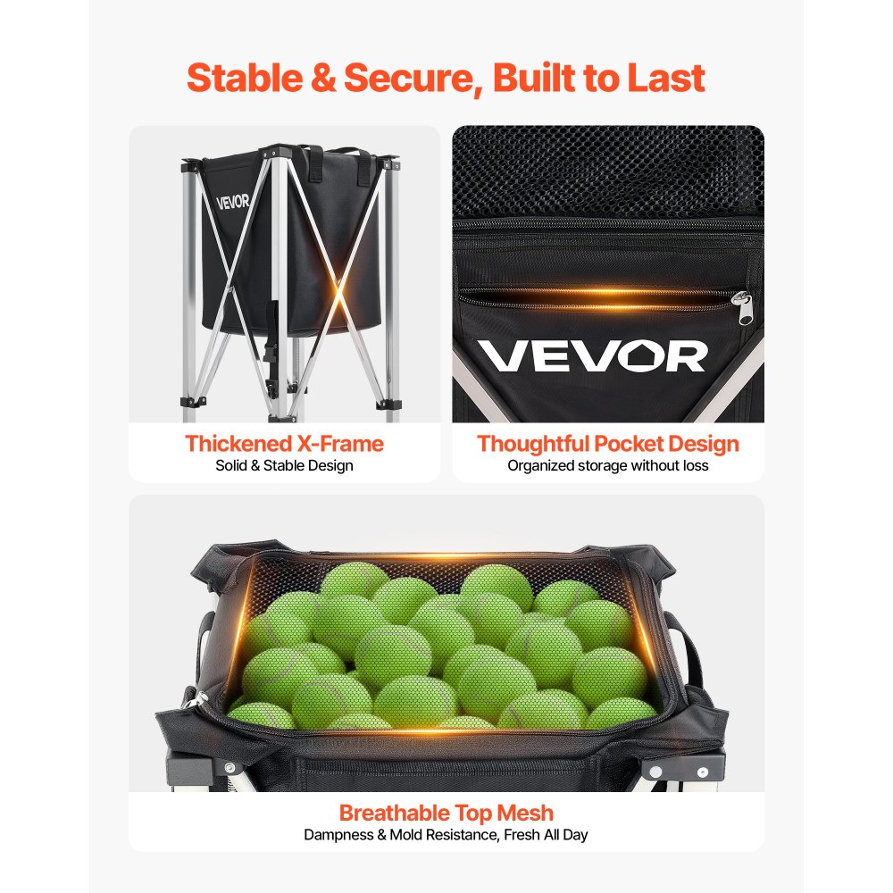 VEVOR Tennis Ball Hopper, Holds 200 Tennis Balls, Foldable Pickleball Basket Cart with Wheels for Easy Pick Up, Stainless Steel Portable Pickleball Cart Caddy with Storage Bag, for Training Teaching