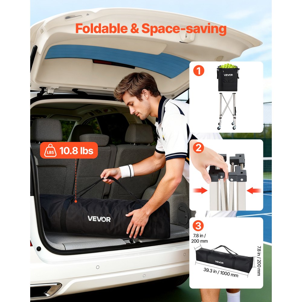 VEVOR Tennis Ball Hopper, Holds 200 Tennis Balls, Foldable Pickleball Basket Cart with Wheels for Easy Pick Up, Stainless Steel Portable Pickleball Cart Caddy with Storage Bag, for Training Teaching