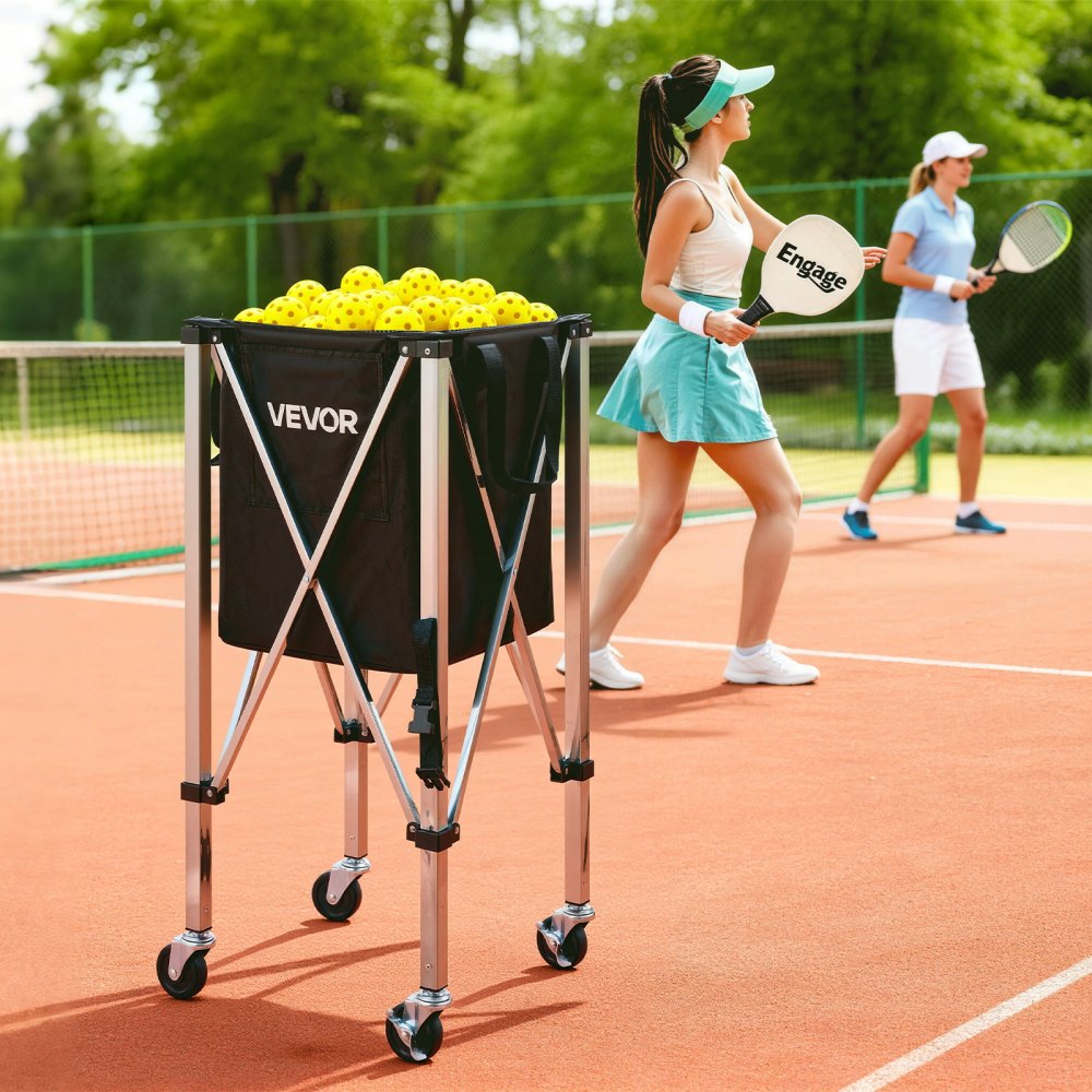 VEVOR Tennis Ball Hopper, Holds 200 Tennis Balls, Foldable Pickleball Basket Cart with Wheels for Easy Pick Up, Stainless Steel Portable Pickleball Cart Caddy with Storage Bag, for Training Teaching