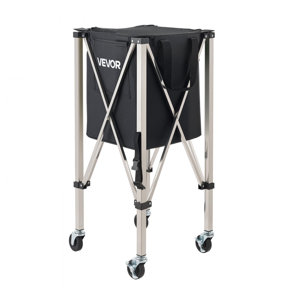 VEVOR Tennis Ball Hopper, Holds 200 Tennis Balls, Foldable Pickleball Basket Cart with Wheels for Easy Pick Up, Stainless Steel Portable Pickleball Cart Caddy with Storage Bag, for Training Teaching