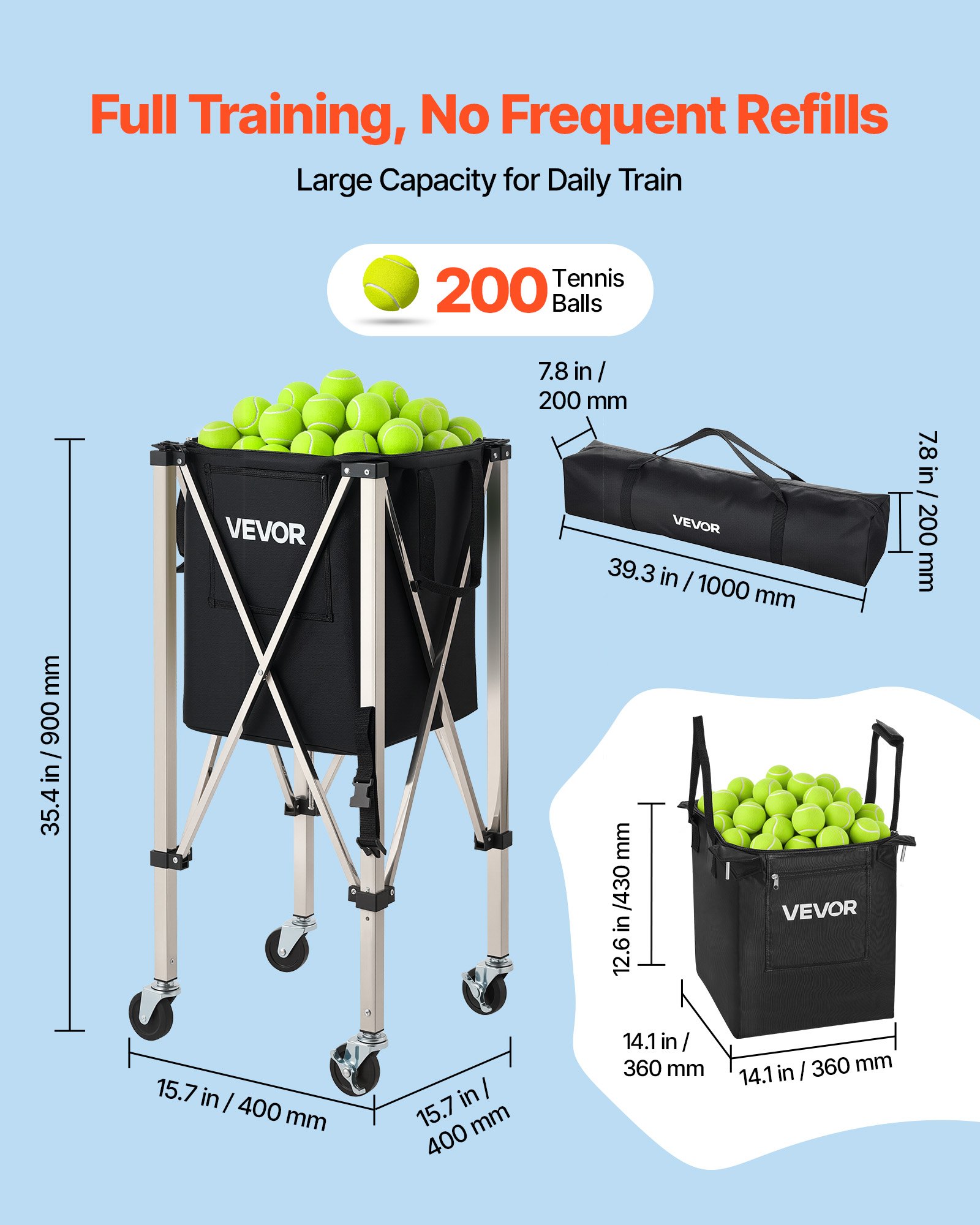 VEVOR Tennis Ball Hopper, Holds 200 Tennis Balls, Foldable Pickleball Basket Cart with Wheels for Easy Pick Up, Stainless Steel Portable Pickleball Cart Caddy with Storage Bag, for Training Teaching