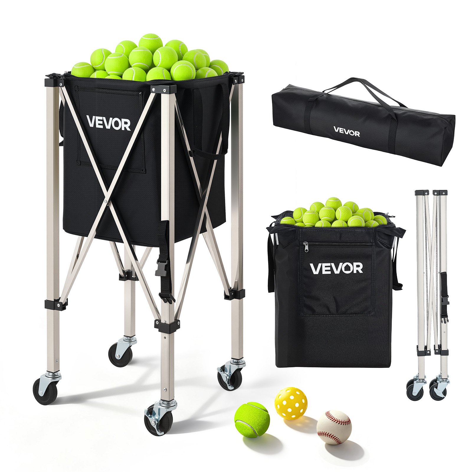 VEVOR Tennis Ball Hopper, Holds 200 Tennis Balls, Foldable Pickleball Basket Cart with Wheels for Easy Pick Up, Stainless Steel Portable Pickleball Cart Caddy with Storage Bag, for Training Teaching