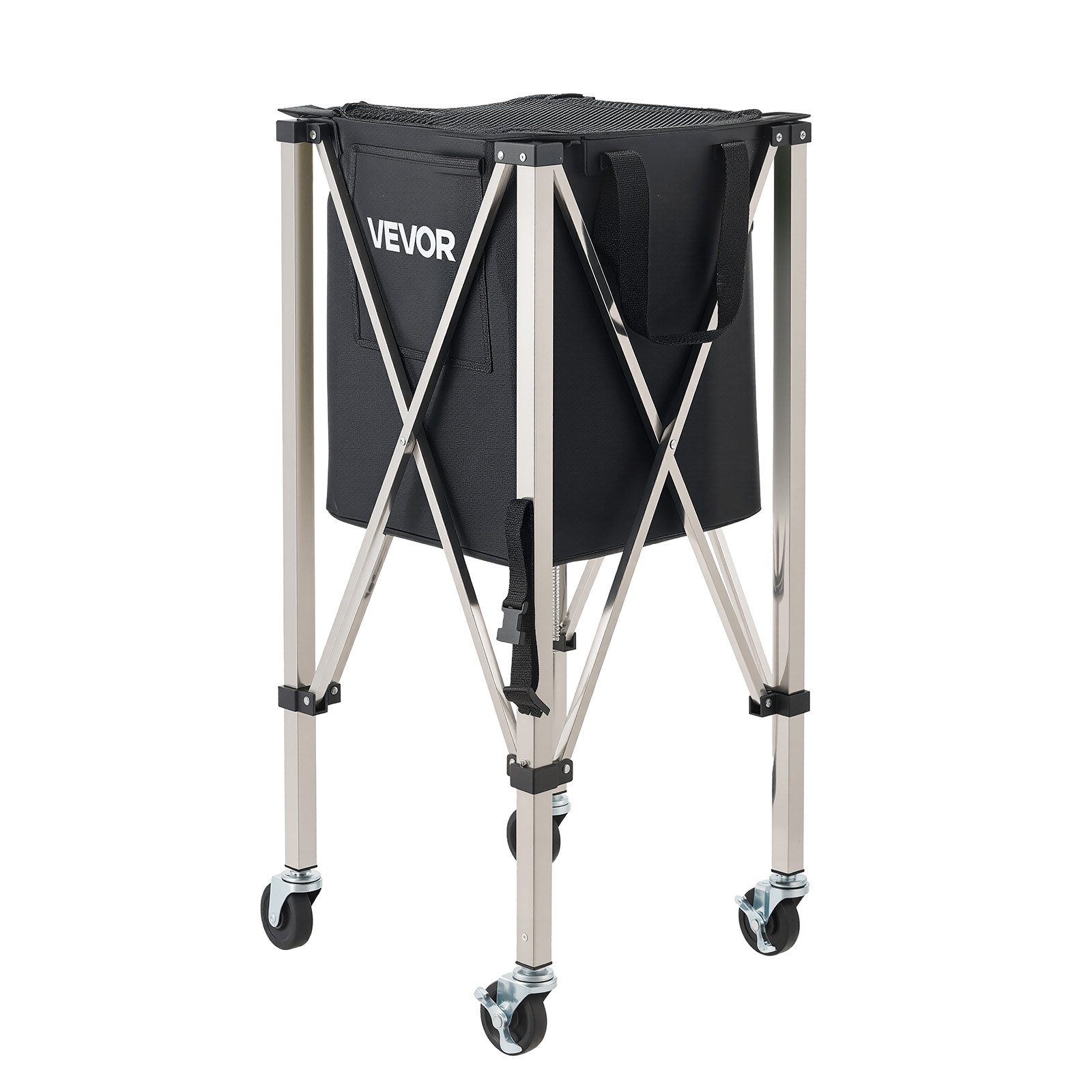 VEVOR Tennis Ball Hopper, Holds 200 Tennis Balls, Foldable Pickleball Basket Cart with Wheels for Easy Pick Up, Stainless Steel Portable Pickleball Cart Caddy with Storage Bag, for Training Teaching