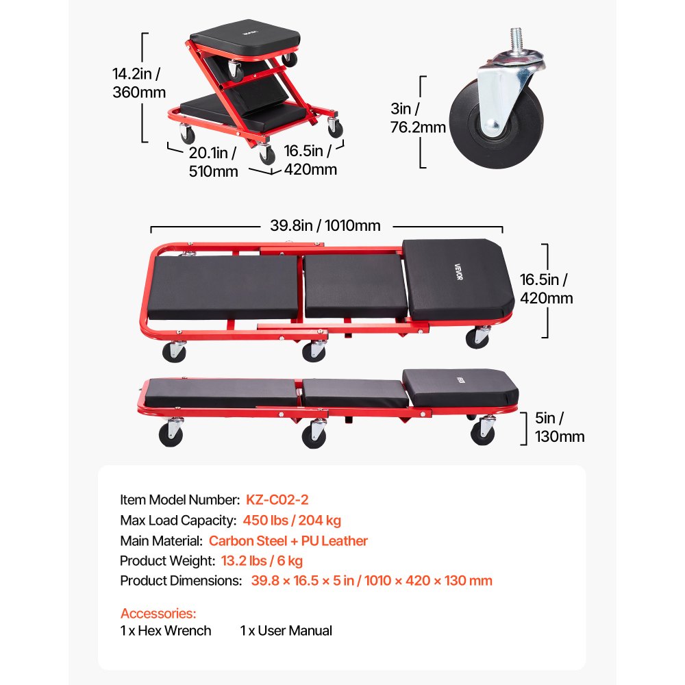 VEVOR 40 in 2-in-1 Folding Mechanic Creeper, Z Creeper Seat & Under Car Garage Roller, 450 lbs Rolling Creeper Stool with 6 Swivel Casters, Padded Headrest for Auto Repair