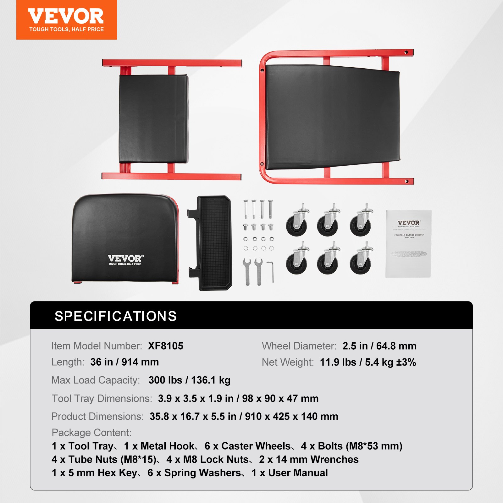 VEVOR 91.4 cm Foldable Z Garage Creeper Mechanic Creeper Stool 136.1 kg Capacity