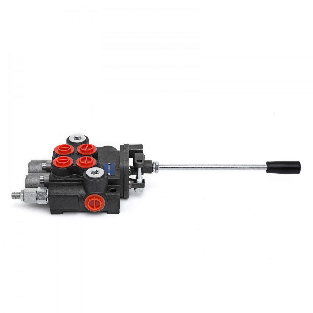 VEVOR hydraulic valve, black with red knobs, and a long silver handle on a white background.