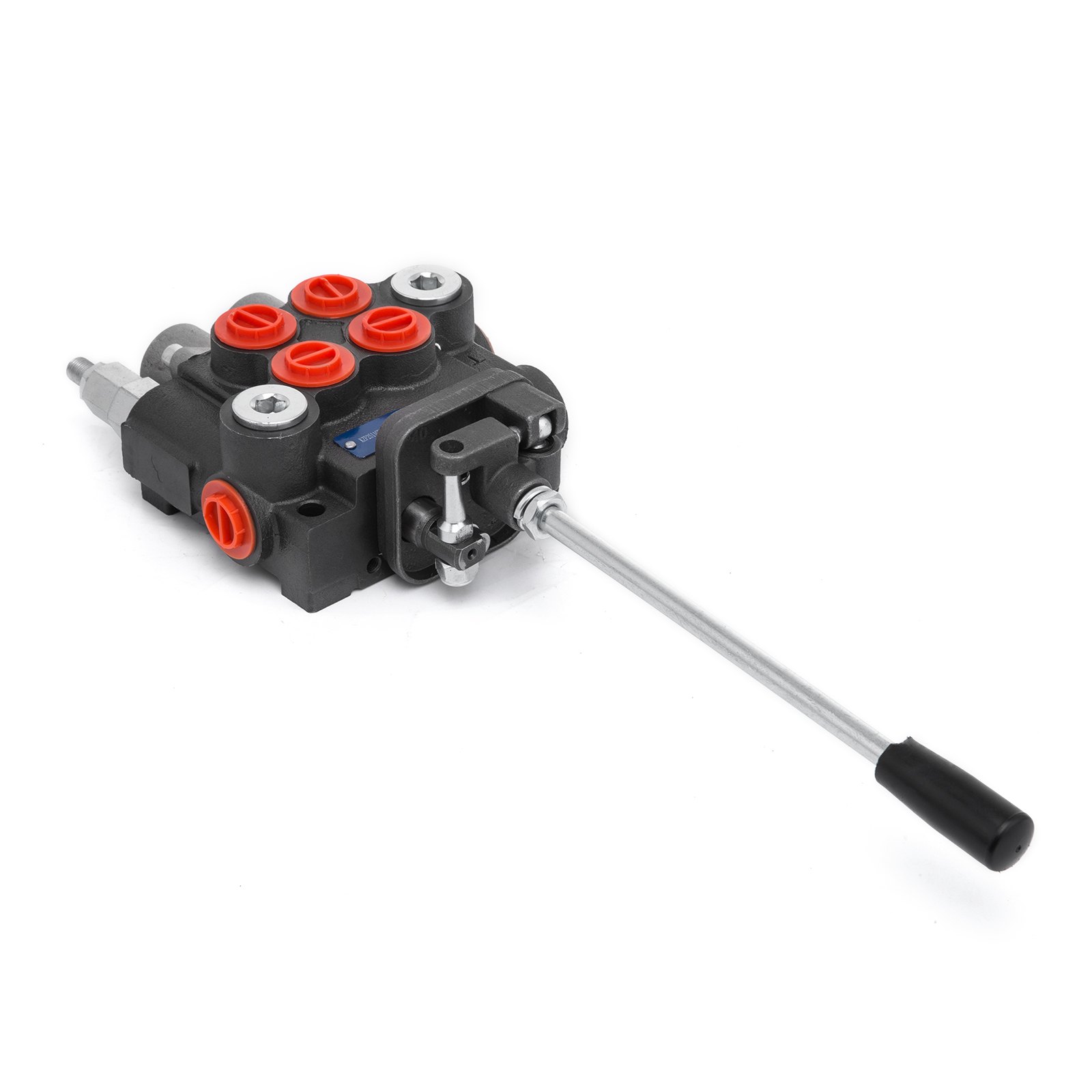 VEVOR hydraulic valve with lever and multiple red knobs on a white background.