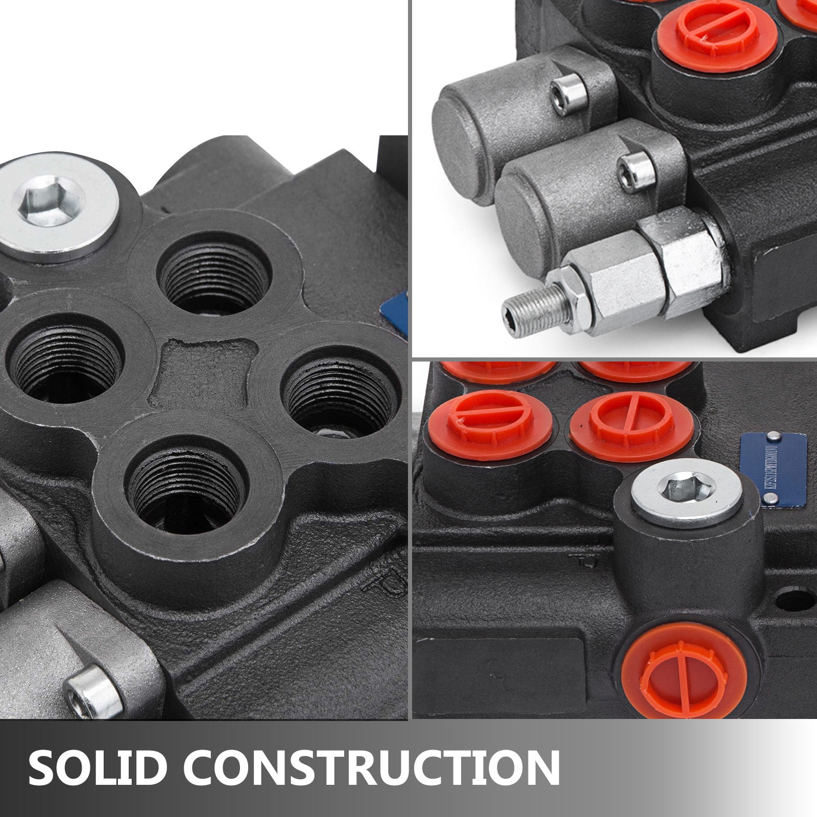 close-up details of the VEVOR hydraulic valve construction featuring ports and connectors.