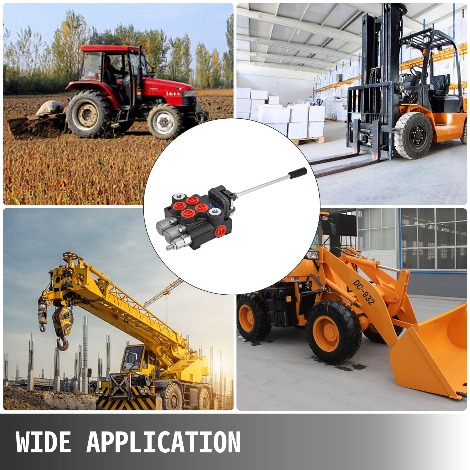 VEVOR hydraulic valve with tractor, forklift, crane, and loader machines in various settings.