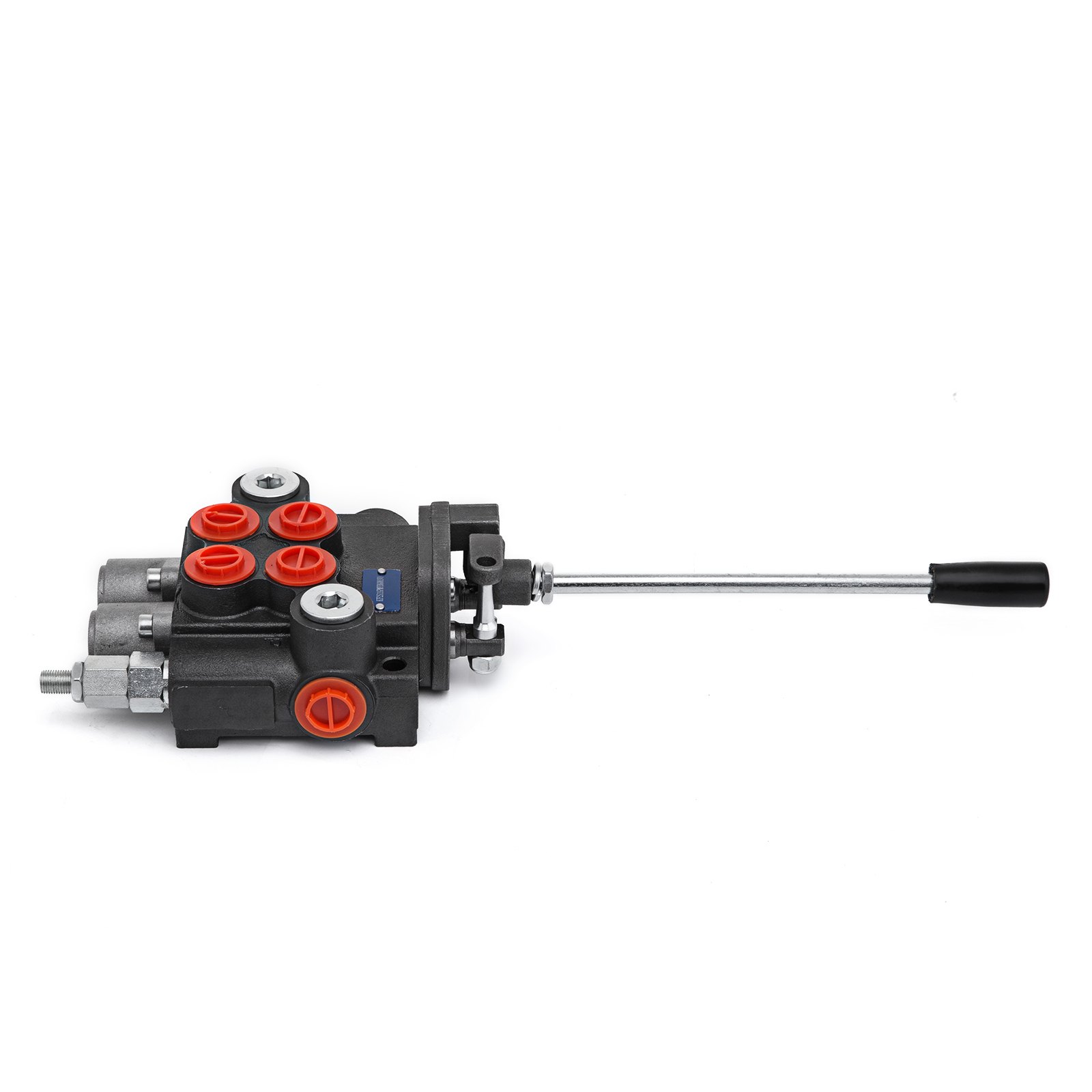 VEVOR hydraulic valve, black with red knobs, and a long silver handle on a white background.