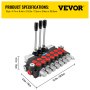 VEVOR hydraulic control valve with three levers and measurement details.