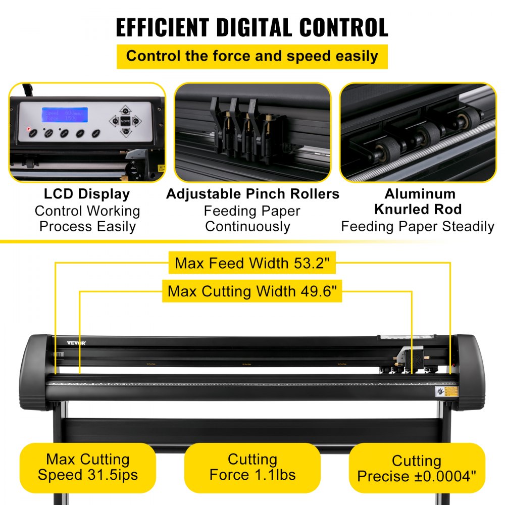 VEVOR Vinyl Cutter Machine, 53" vinylový plotter, LCD Display plotter, plotr se třemi nastavitelnými přítlačnými válečky, plotr na řezání značek, vinylová řezačka se SignCut a software SignMaster pro návrh a řezání