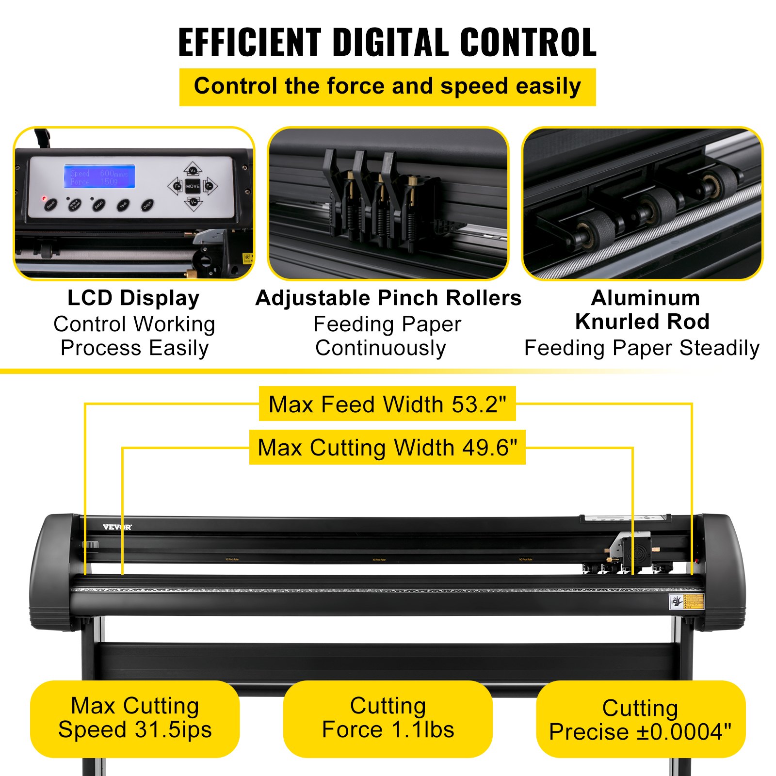 VEVOR Vinyl Cutter Machine, 53" vinylový plotter, LCD Display plotter, plotr se třemi nastavitelnými přítlačnými válečky, plotr na řezání značek, vinylová řezačka se SignCut a software SignMaster pro návrh a řezání