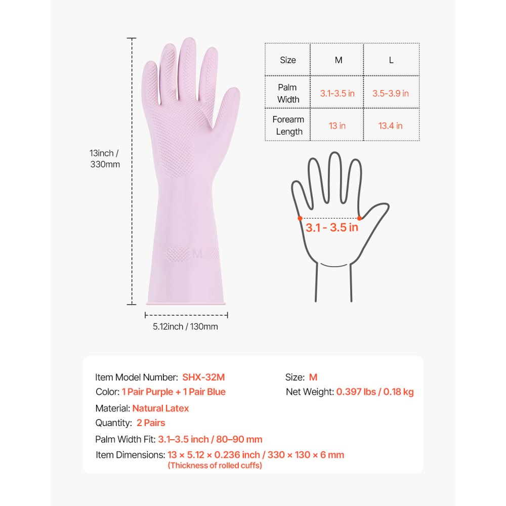 VEVOR Reusable Dishwashing Gloves, 2 Pairs Colorful Reusable Household Kitchen Cleaning Gloves for Washing Dishes and Cleaning Tasks, Flexible Long-lasting and Non-Slip, Medium, Pink + Purple