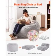 VEVOR Bean Bag Bed Chair, Convertible Chair from BeanBag to Lounge or Mattress, Gaint Bean Bag Chair Bed with Washable Cover for Adults, Fluffy Plush, Foam Filling and Side Pocket, Grey(Full Size)