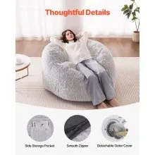 VEVOR Bean Bag Bed Chair, Convertible Chair from BeanBag to Lounge or Mattress, Gaint Bean Bag Chair Bed with Washable Cover for Adults, Fluffy Plush, Foam Filling and Side Pocket, Grey(Full Size)