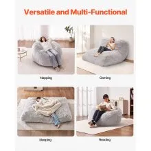 VEVOR Bean Bag Bed Chair, Convertible Chair from BeanBag to Lounge or Mattress, Gaint Bean Bag Chair Bed with Washable Cover for Adults, Fluffy Plush, Foam Filling and Side Pocket, Grey(Full Size)