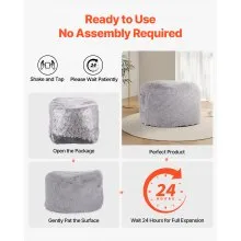 VEVOR Bean Bag Bed Chair, Convertible Chair from BeanBag to Lounge or Mattress, Gaint Bean Bag Chair Bed with Washable Cover for Adults, Fluffy Plush, Foam Filling and Side Pocket, Grey(Full Size)