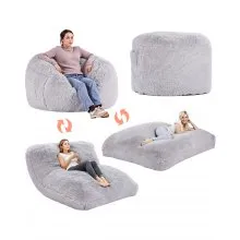 VEVOR Bean Bag Bed Chair, Convertible Chair from BeanBag to Lounge or Mattress, Gaint Bean Bag Chair Bed with Washable Cover for Adults, Fluffy Plush, Foam Filling and Side Pocket, Grey(Full Size)