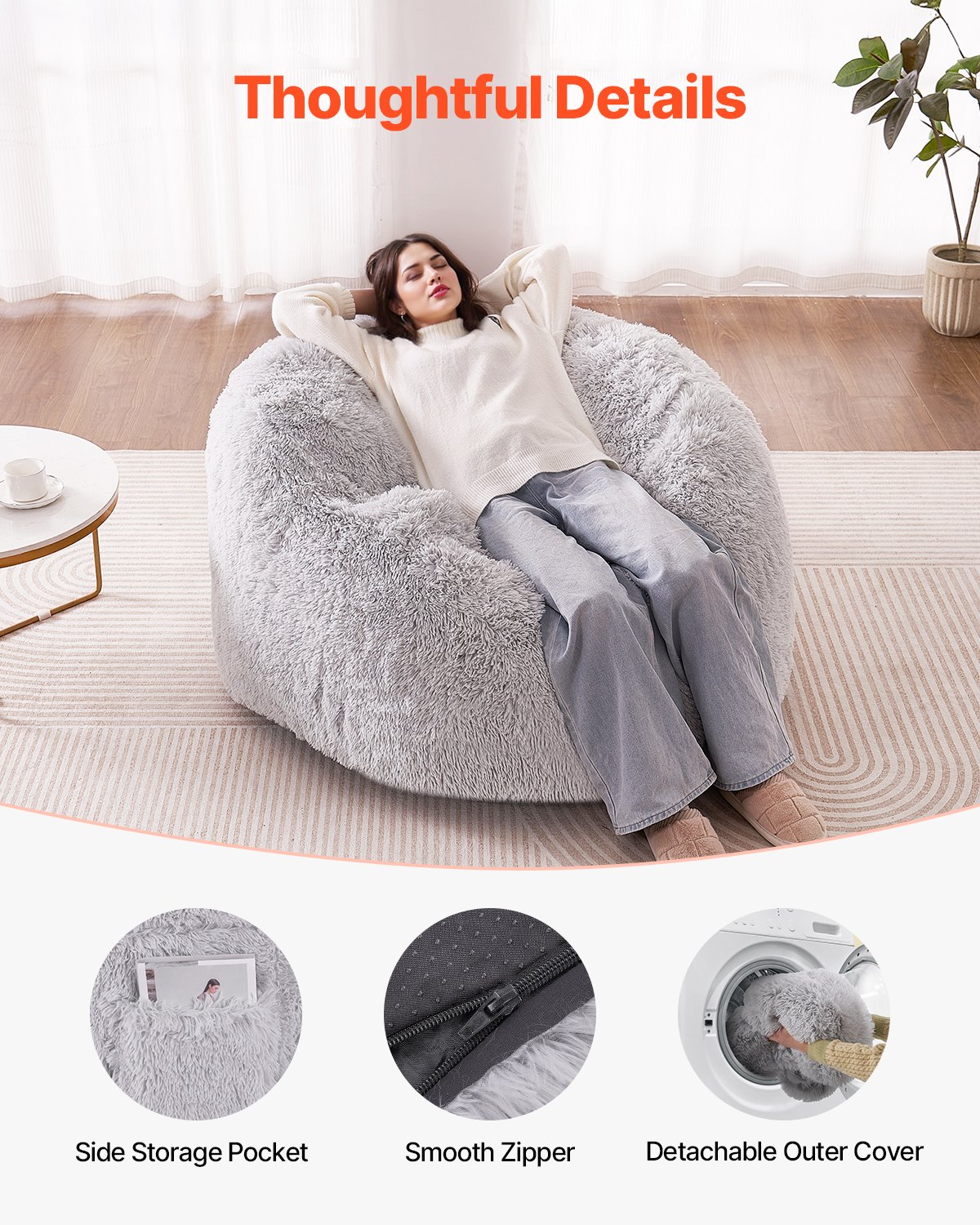 VEVOR Bean Bag Bed Chair, Convertible Chair from BeanBag to Lounge or Mattress, Gaint Bean Bag Chair Bed with Washable Cover for Adults, Fluffy Plush, Foam Filling and Side Pocket, Grey(Full Size)