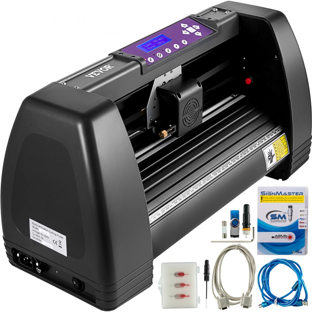 VEVOR vinyl cutter with accessories including blades, power cords, and signmaster software.