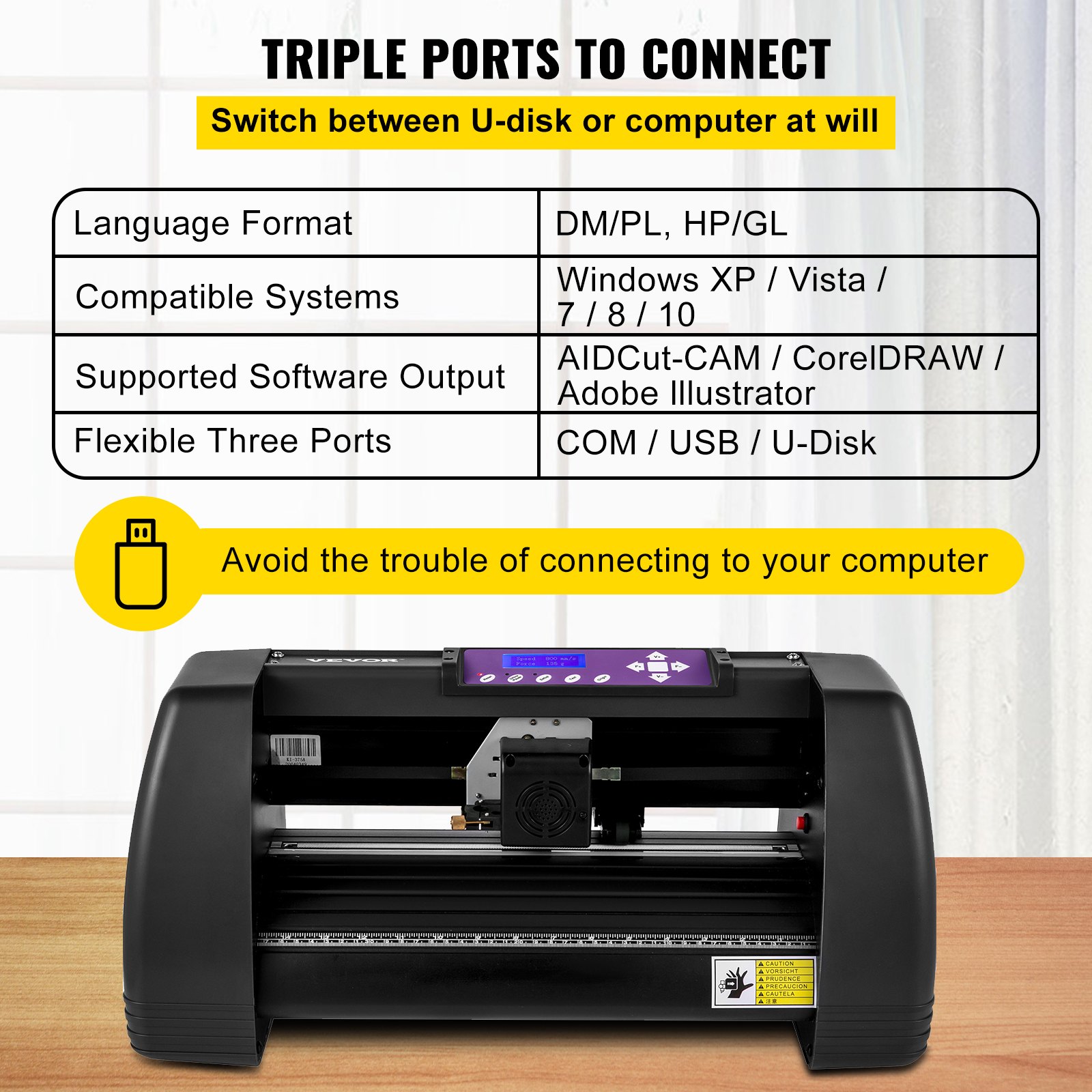 VEVOR Vinyl Cutter Machine, 375mm Vinyl Printer, 14 inch Maximum Paper Feed Plotter Printer U-disk Offline Vinyl Cutting Machine 10-500g Adjustable Force and 10-800?mm/s Speed for Sign Making Plotter