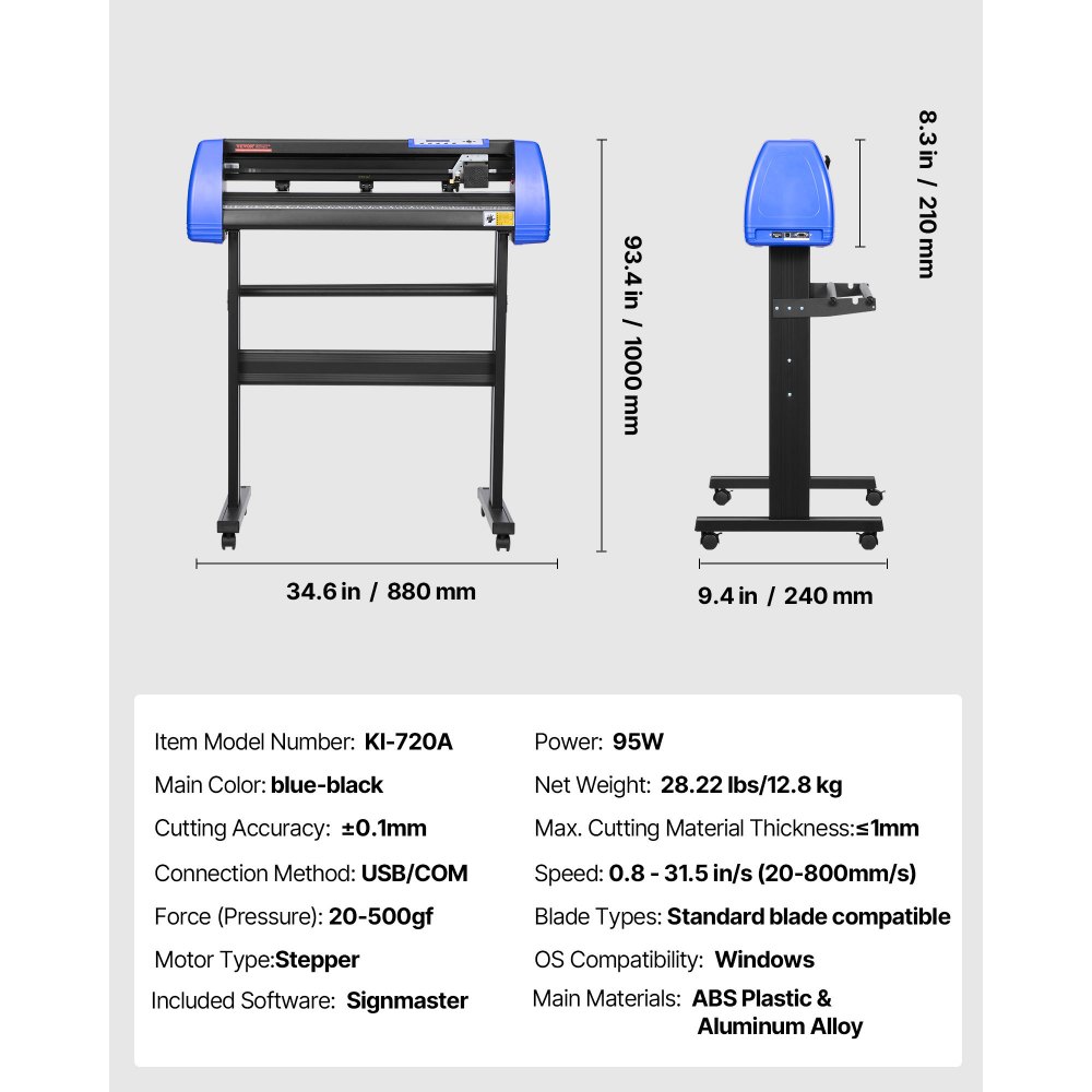 VEVOR Vinyl Cutter, 28" Vinyl Cutter Machine with 20 Blades, Maximum Paper Feed 720mm Vinyl Plotter Cutter Machine with Sturdy Floor Stand Adjustable Force and Speed for Sign Making