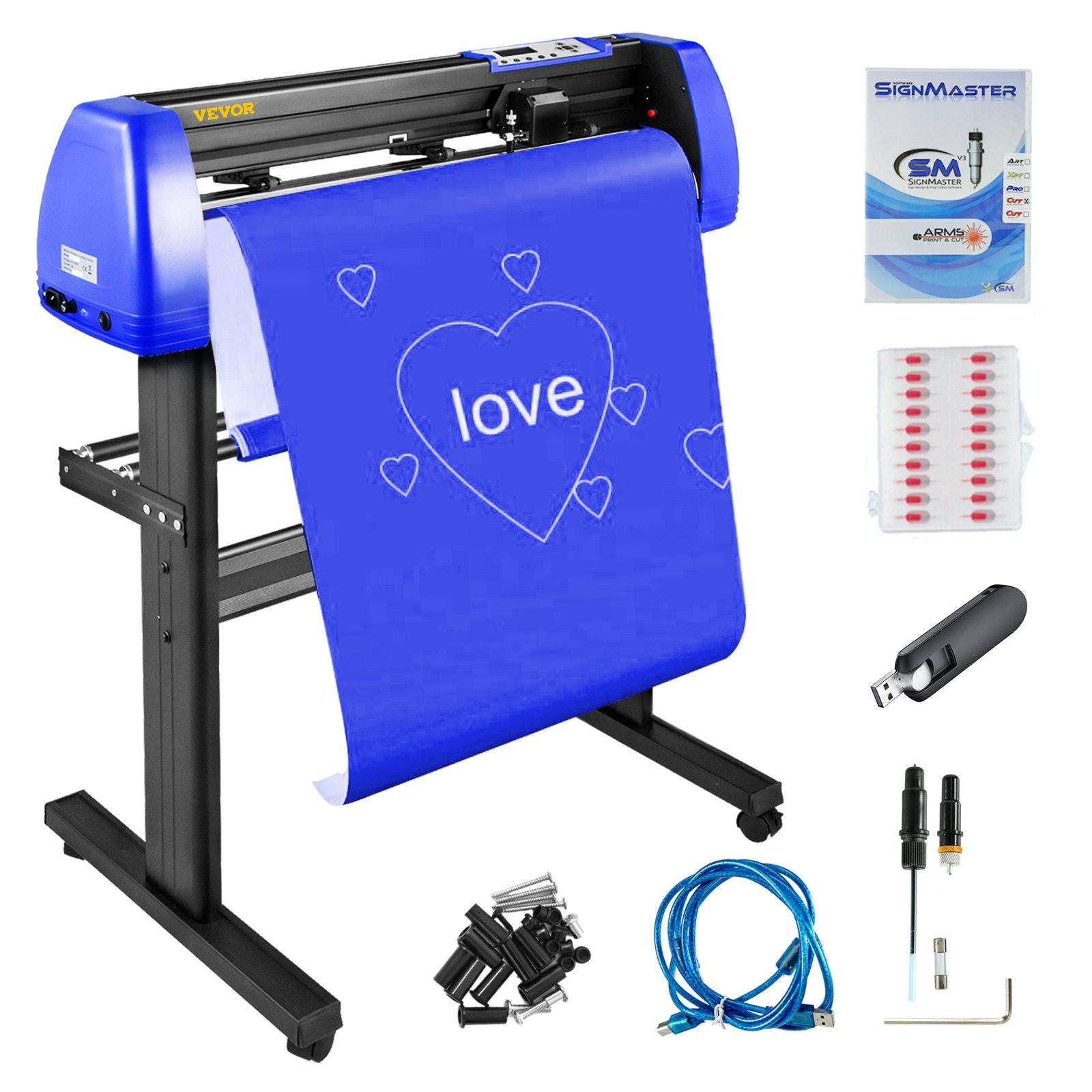 VEVOR Vinyl Cutter Machine, 28 Inch Paper Feed Cutting Plotter Bundle, Adjustable Force & Speed Vinyl Printer, LCD Display Windows Compatible Sign Making kit w/Signmaster, Stand, 20 Blades, Black