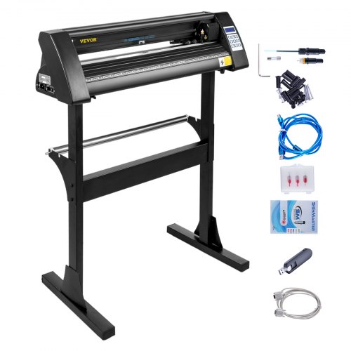 VEVOR Vinyl Cutter Machine, 28 Inch Paper Feed Cutting Plotter Bundle, Adjustable Force & Speed Vinyl Printer, LCD Display Windows Compatible Sign Making kit w/Signmaster, Sturdy Stand, 3Blades, Black