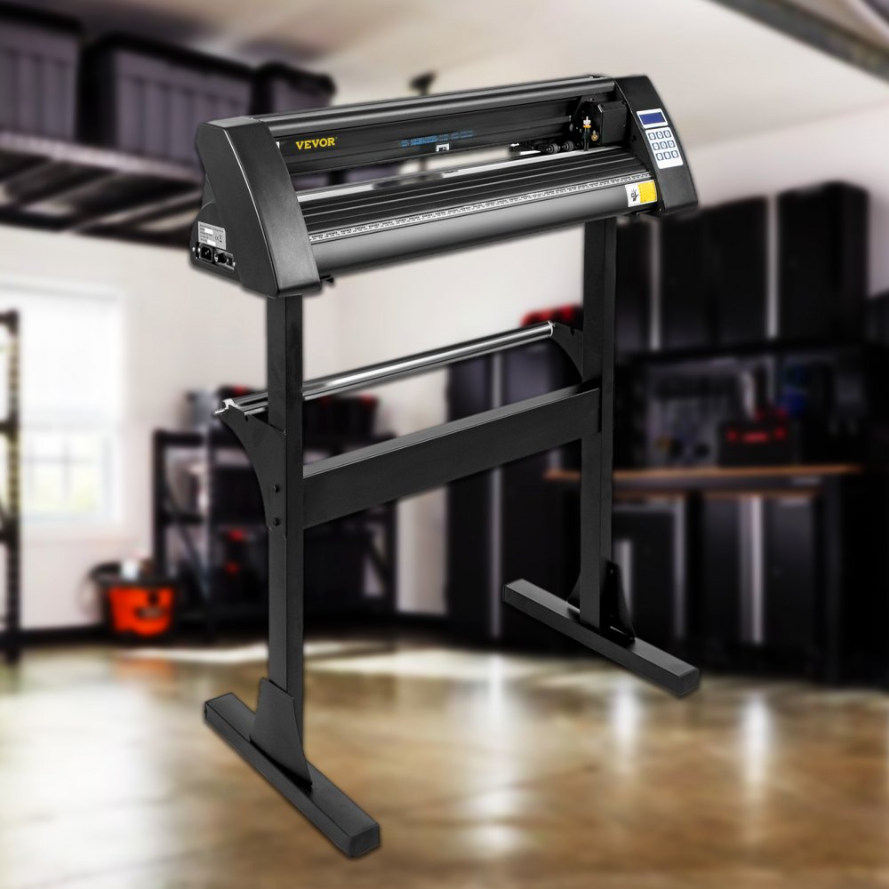 VEVOR Vinyl Cutter Machine, 28 Inch Paper Feed Cutting Plotter Bundle, Adjustable Force & Speed Vinyl Printer, LCD Display Windows Compatible Sign Making kit w/Signmaster, Sturdy Stand, 3Blades, Black