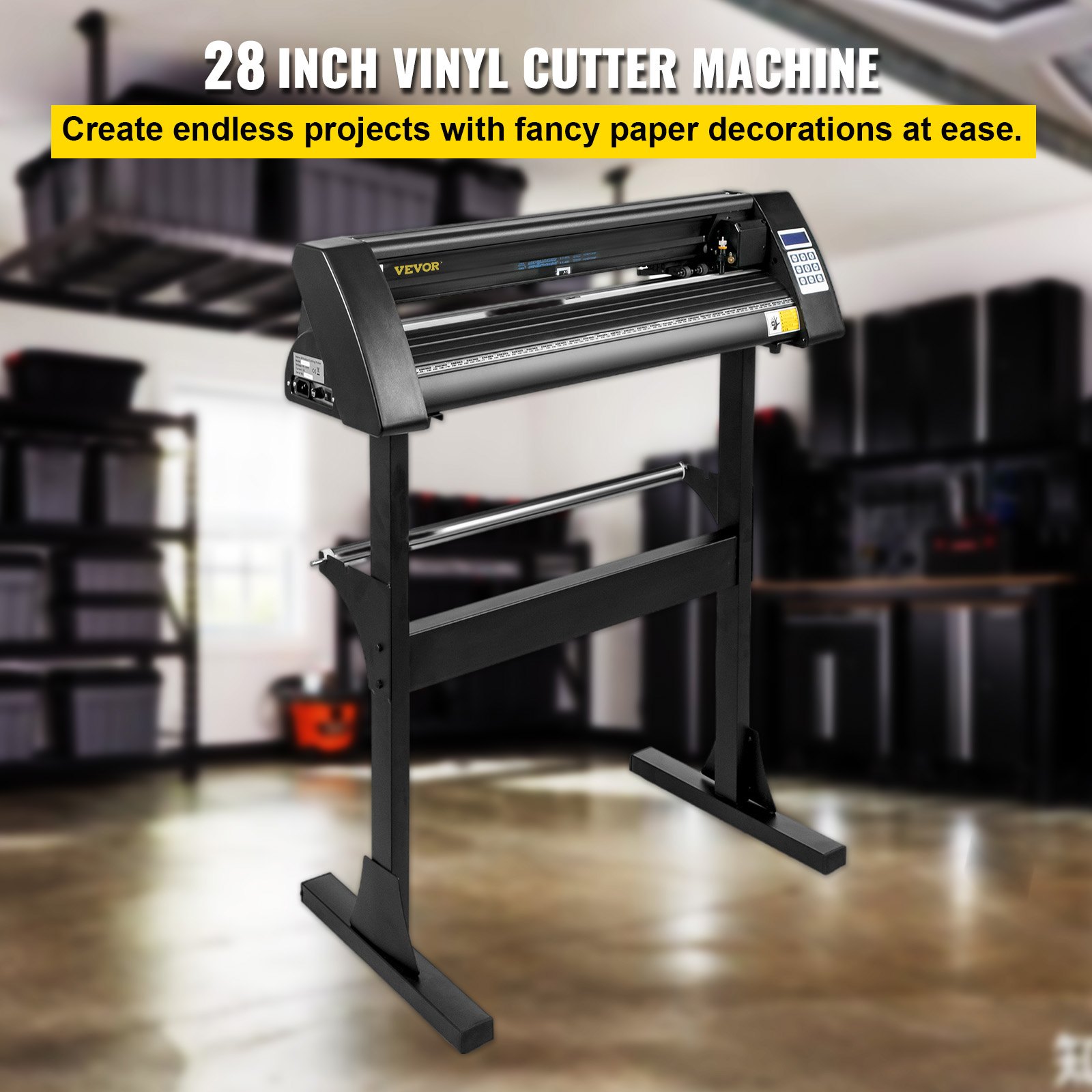 VEVOR Vinyl Cutter Machine, 28 Inch Paper Feed Cutting Plotter Bundle, Adjustable Force & Speed Vinyl Printer, LCD Display Windows Compatible Sign Making kit w/Signmaster, Sturdy Stand, 3Blades, Black