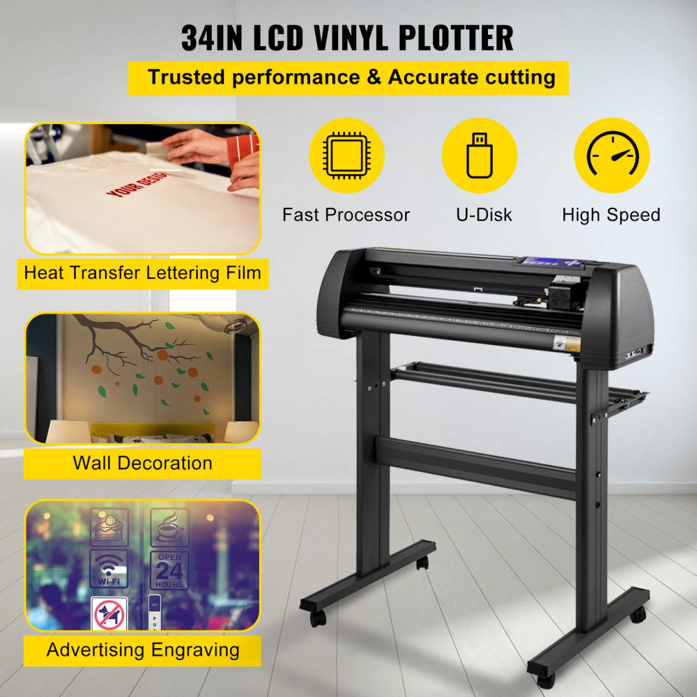 VEVOR Line Free Vinyl Cutter Machine 870mm Vinyl Printer U-Disk Offline Operation, 34 inch Plotter Printer with Sturdy Floor Stand Vinyl Cutting Machine Adjustable Force Plotter Cutter