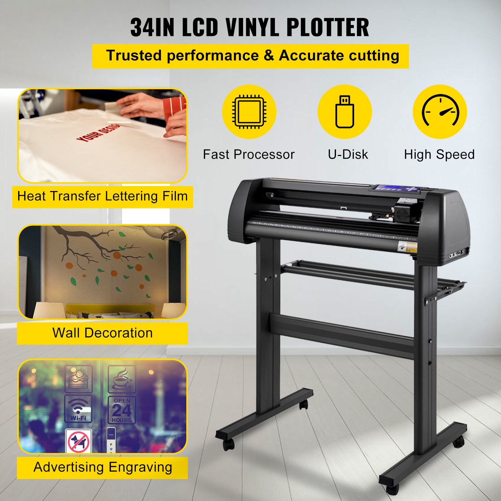 VEVOR Line Free Vinyl Cutter Machine 870mm Vinyl Printer U-Disk Offline Operation, 34 inch Plotter Printer with Sturdy Floor Stand Vinyl Cutting Machine Adjustable Force Plotter Cutter